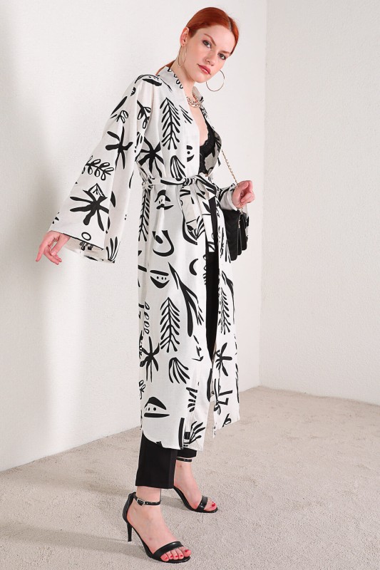 CKT-12355 Beyaz Yaprak Desen Keten Kimono