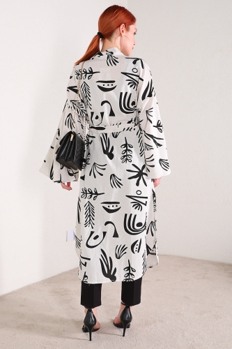 CKT-12355 Beyaz Yaprak Desen Keten Kimono - Thumbnail
