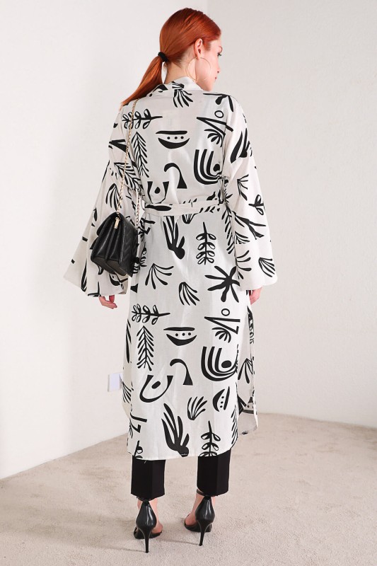 CKT-12355 Beyaz Yaprak Desen Keten Kimono