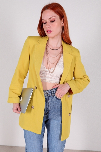 CKT-12357 Sarı Keten Kumaş Dört Düğmeli Blazer Ceket - Thumbnail