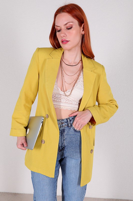 CKT-12357 Sarı Keten Kumaş Dört Düğmeli Blazer Ceket
