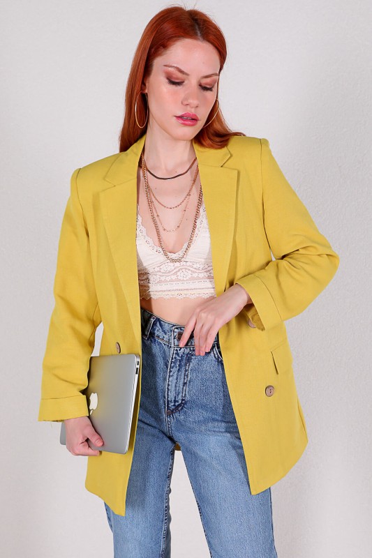 CKT-12357 Sarı Keten Kumaş Dört Düğmeli Blazer Ceket