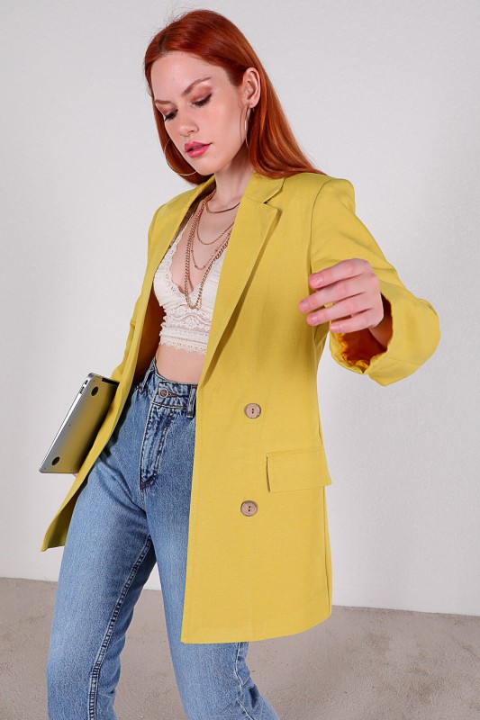 CKT-12357 Sarı Keten Kumaş Dört Düğmeli Blazer Ceket