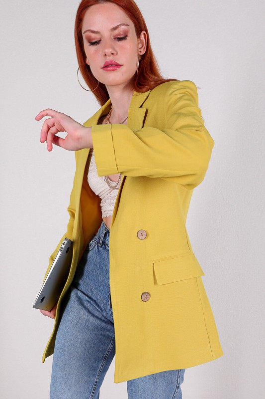 CKT-12357 Sarı Keten Kumaş Dört Düğmeli Blazer Ceket