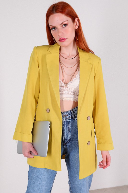 CKT-12357 Sarı Keten Kumaş Dört Düğmeli Blazer Ceket