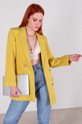 CKT-12357 Sarı Keten Kumaş Dört Düğmeli Blazer Ceket - Thumbnail