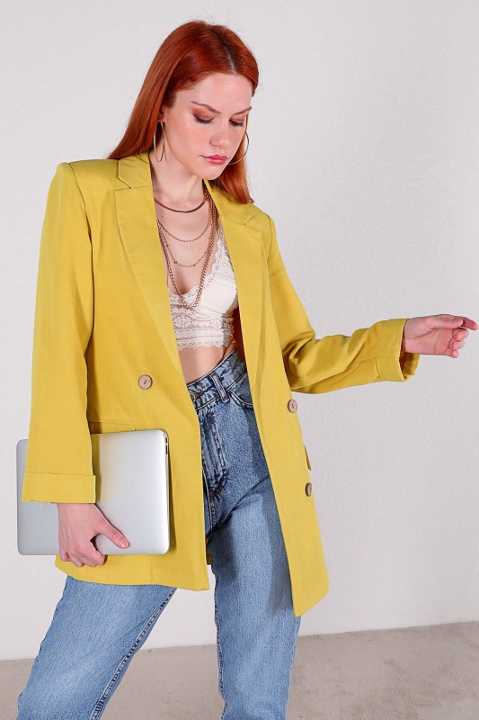 CKT-12357 Sarı Keten Kumaş Dört Düğmeli Blazer Ceket