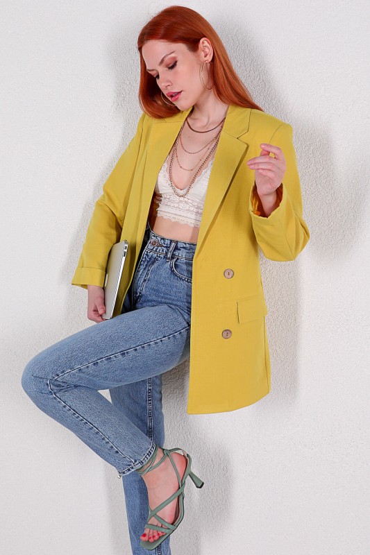 CKT-12357 Sarı Keten Kumaş Dört Düğmeli Blazer Ceket