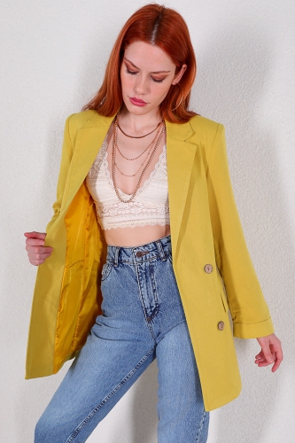 CKT-12357 Sarı Keten Kumaş Dört Düğmeli Blazer Ceket - Thumbnail