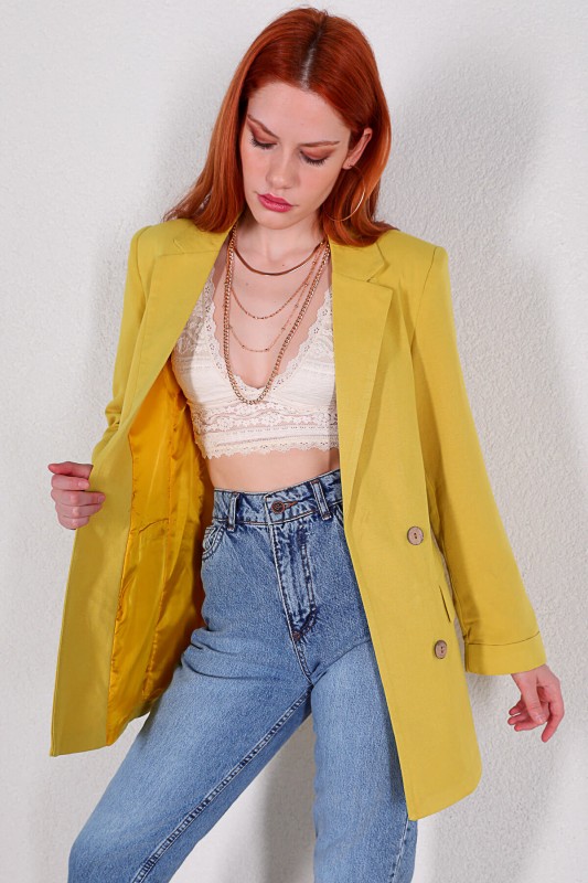 CKT-12357 Sarı Keten Kumaş Dört Düğmeli Blazer Ceket