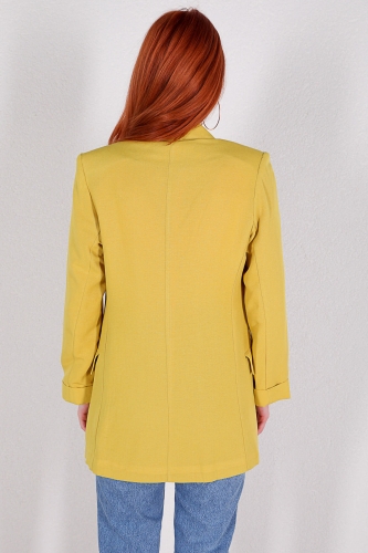 CKT-12357 Sarı Keten Kumaş Dört Düğmeli Blazer Ceket - Thumbnail