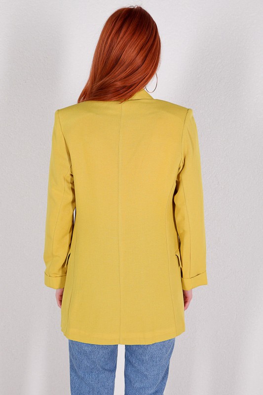 CKT-12357 Sarı Keten Kumaş Dört Düğmeli Blazer Ceket