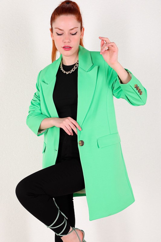 CKT-12356 Yeşil Atlas Kumaş Uzun Blazer Ceket