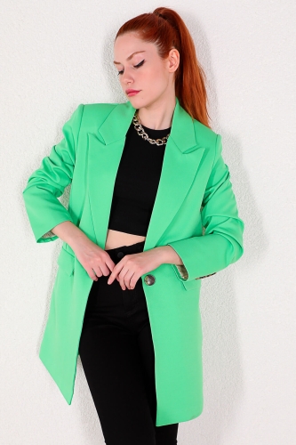 CKT-12356 Yeşil Atlas Kumaş Uzun Blazer Ceket - Thumbnail
