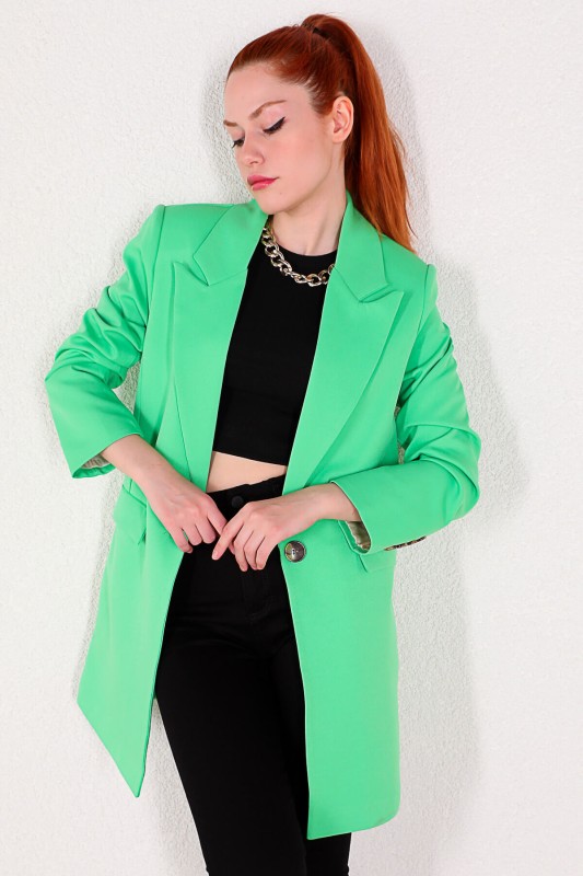 CKT-12356 Yeşil Atlas Kumaş Uzun Blazer Ceket