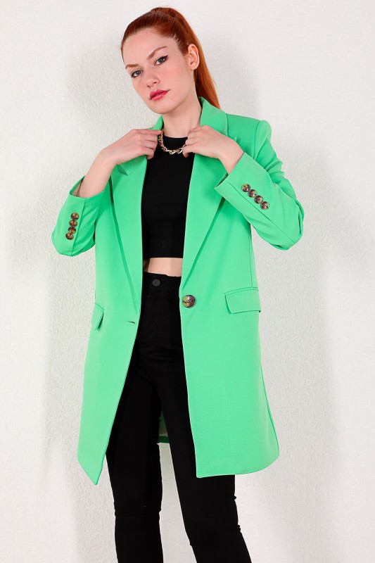 CKT-12356 Yeşil Atlas Kumaş Uzun Blazer Ceket