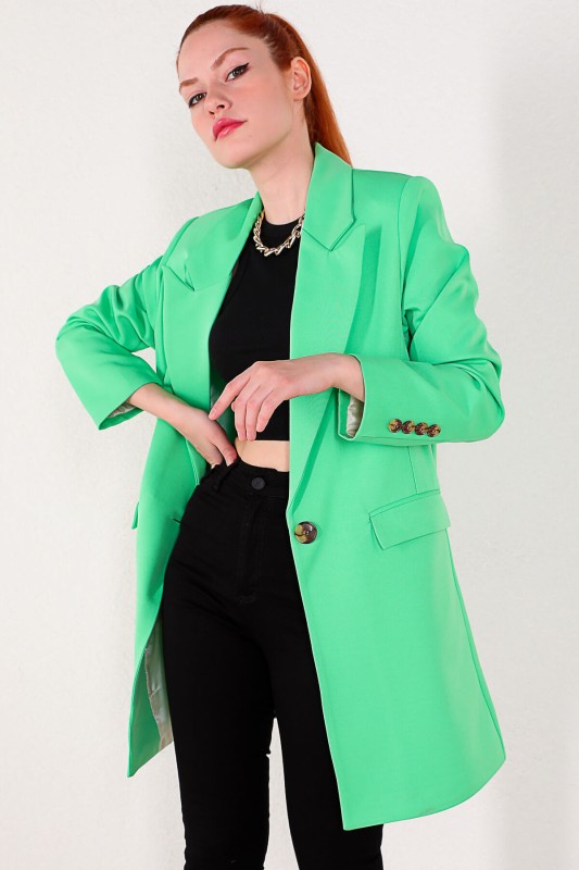 CKT-12356 Yeşil Atlas Kumaş Uzun Blazer Ceket