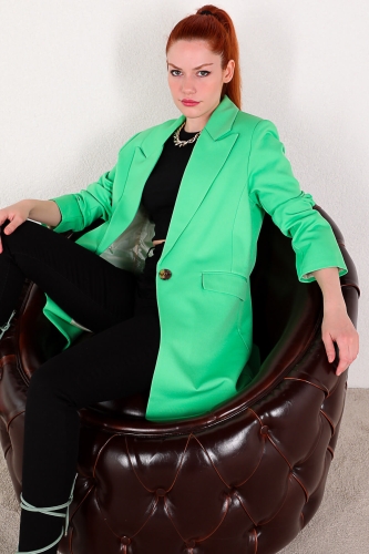CKT-12356 Yeşil Atlas Kumaş Uzun Blazer Ceket - Thumbnail