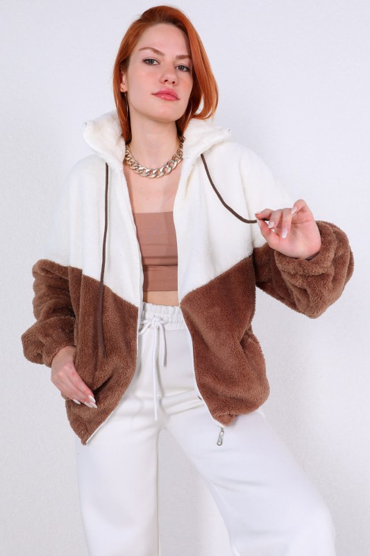 CKT-12362 Kahverengi Beyaz Dik Yaka Fermuarlı Peluş Ceket