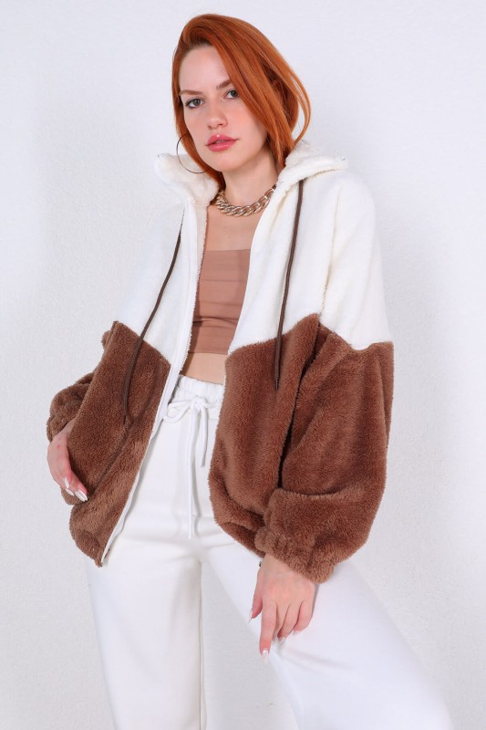 CKT-12362 Kahverengi Beyaz Dik Yaka Fermuarlı Peluş Ceket