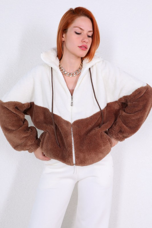 CKT-12362 Kahverengi Beyaz Dik Yaka Fermuarlı Peluş Ceket