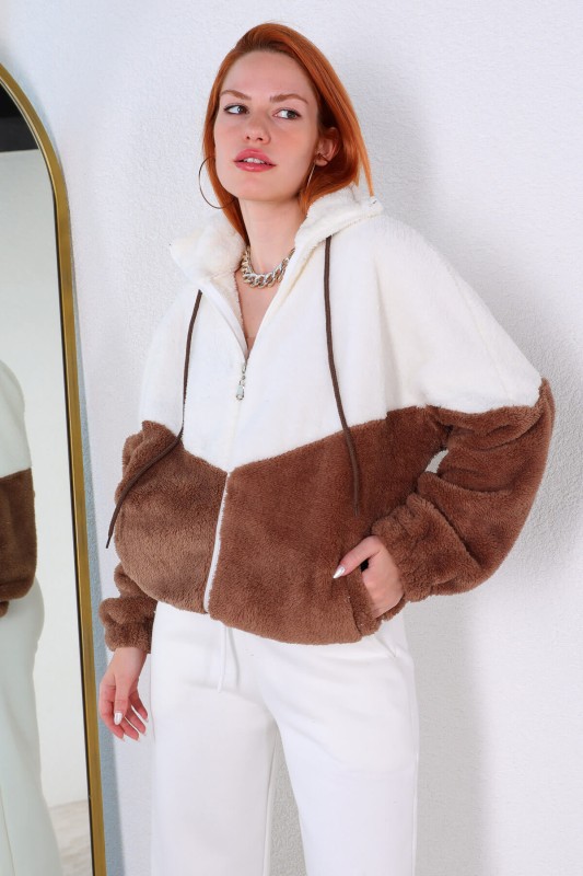 CKT-12362 Kahverengi Beyaz Dik Yaka Fermuarlı Peluş Ceket