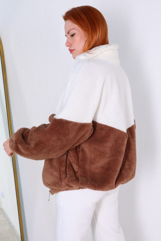 CKT-12362 Kahverengi Beyaz Dik Yaka Fermuarlı Peluş Ceket