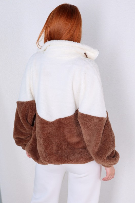 CKT-12362 Kahverengi Beyaz Dik Yaka Fermuarlı Peluş Ceket