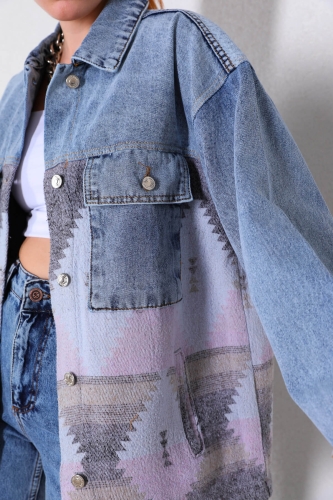 Cappmoda - CKT-12366 Açık Mavi Etnik Desenli Kot Ceket (1)