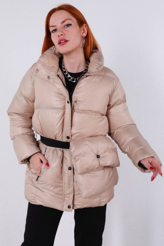 CKT-12371 Krem Çantalı Astarlı Uzun Şişme Mont