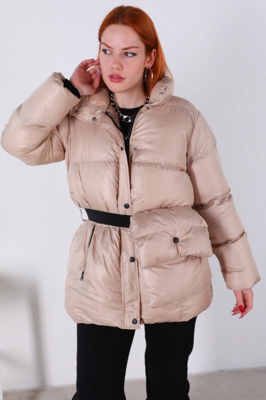 CKT-12371 Krem Çantalı Astarlı Uzun Şişme Mont