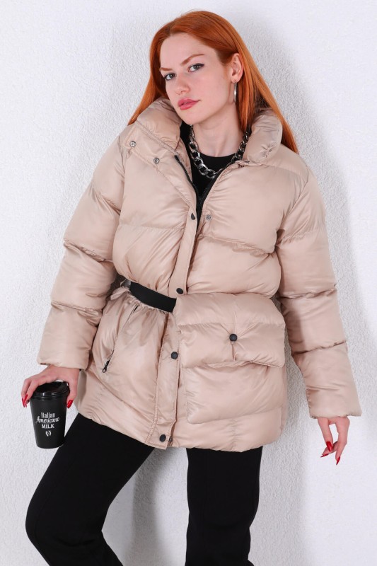 CKT-12371 Krem Çantalı Astarlı Uzun Şişme Mont