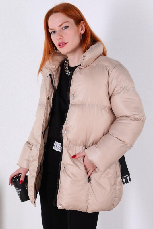 CKT-12371 Krem Çantalı Astarlı Uzun Şişme Mont