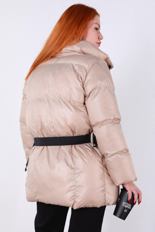 CKT-12371 Krem Çantalı Astarlı Uzun Şişme Mont