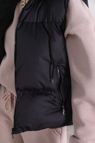 Cappmoda - CKT-12373 Siyah Kapüşonlu Bağlamalı Şişme Yelek (1)