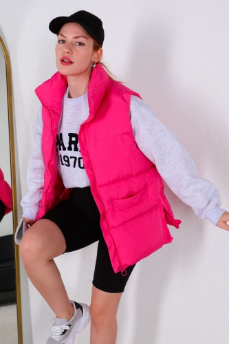 Cappmoda - CKT-12374 Pembe Yan Fermuar Detaylı Ön Cepli Şişme Yelek (1)
