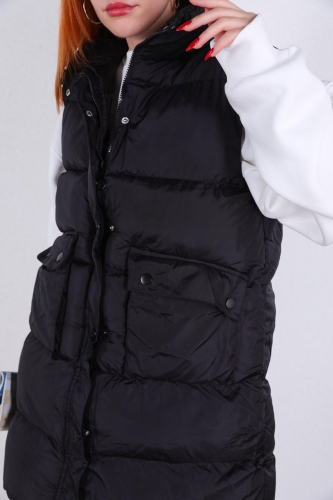 Cappmoda - CKT-12378 Siyah Uzun Dik Yaka Şişme Yelek (1)