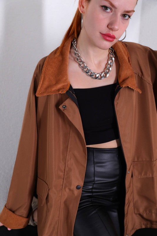 CKT-12379 Taba Kadife Detaylı Polo Yaka Cepli Mont