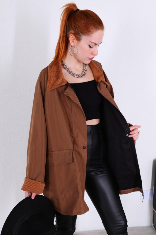 CKT-12379 Taba Kadife Detaylı Polo Yaka Cepli Mont