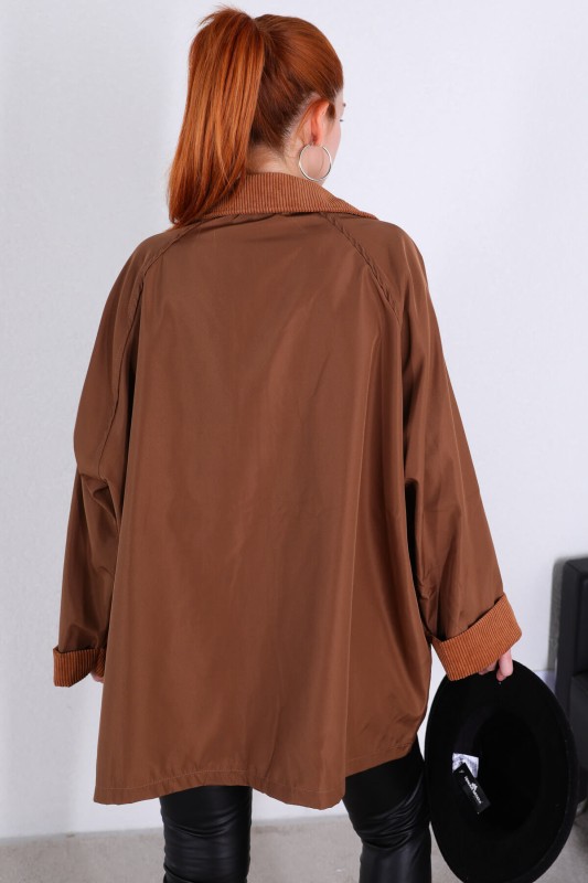 CKT-12379 Taba Kadife Detaylı Polo Yaka Cepli Mont