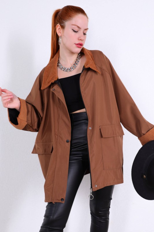 CKT-12379 Taba Kadife Detaylı Polo Yaka Cepli Mont