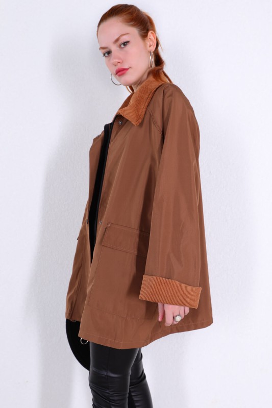 CKT-12379 Taba Kadife Detaylı Polo Yaka Cepli Mont