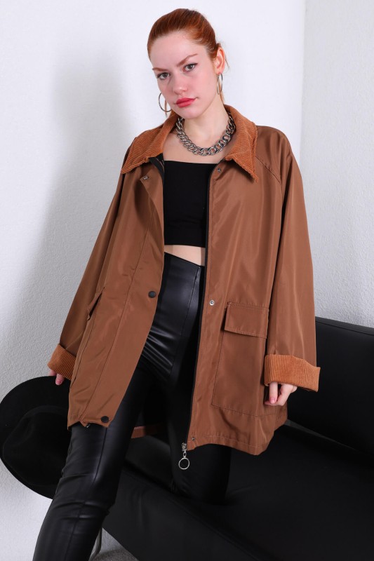 CKT-12379 Taba Kadife Detaylı Polo Yaka Cepli Mont