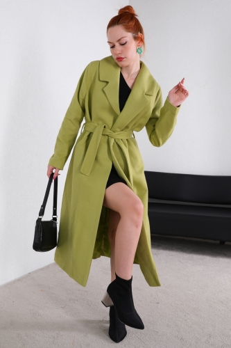 Cappmoda - CKT-12385 Fıstık Yeşili Astarlı Kuşaklı Kaşe Kaban (1)