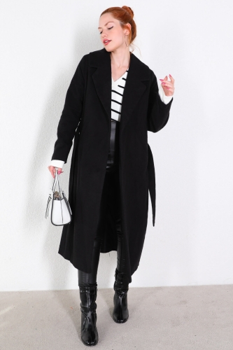 Cappmoda - CKT-12385 Siyah Astarlı Kuşaklı Kaşe Kaban (1)