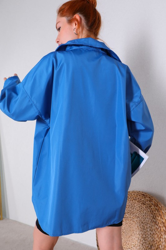 CKT-12388 Mavi Çıtçıtlı Deri Gömlek Ceket