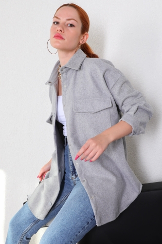 Cappmoda - CKT-12389 Gri Çıtçıtlı Kaşe Kumaş Cepli Gömlek Ceket (1)