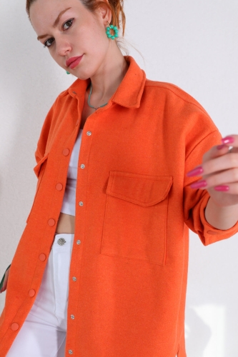 Cappmoda - CKT-12389 Turuncu Çıtçıtlı Kaşe Kumaş Cepli Gömlek Ceket (1)