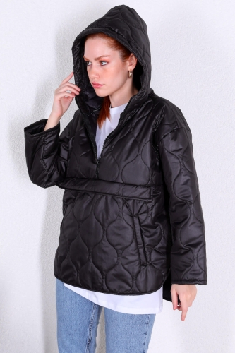 Cappmoda - CKT-12391 Siyah Kapitone Kapüşonlu Mont (1)