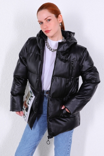 Cappmoda - CKT-12392 Siyah Suni Deri Kapüşonlu Şişme Mont (1)